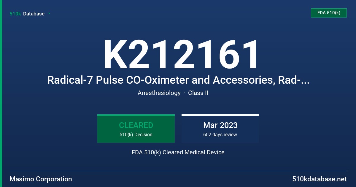 K212161 Radical-7 Pulse CO-Oximeter and Accessories, Rad-97 and Accessories FDA 510(k) Cleared Medical Device
