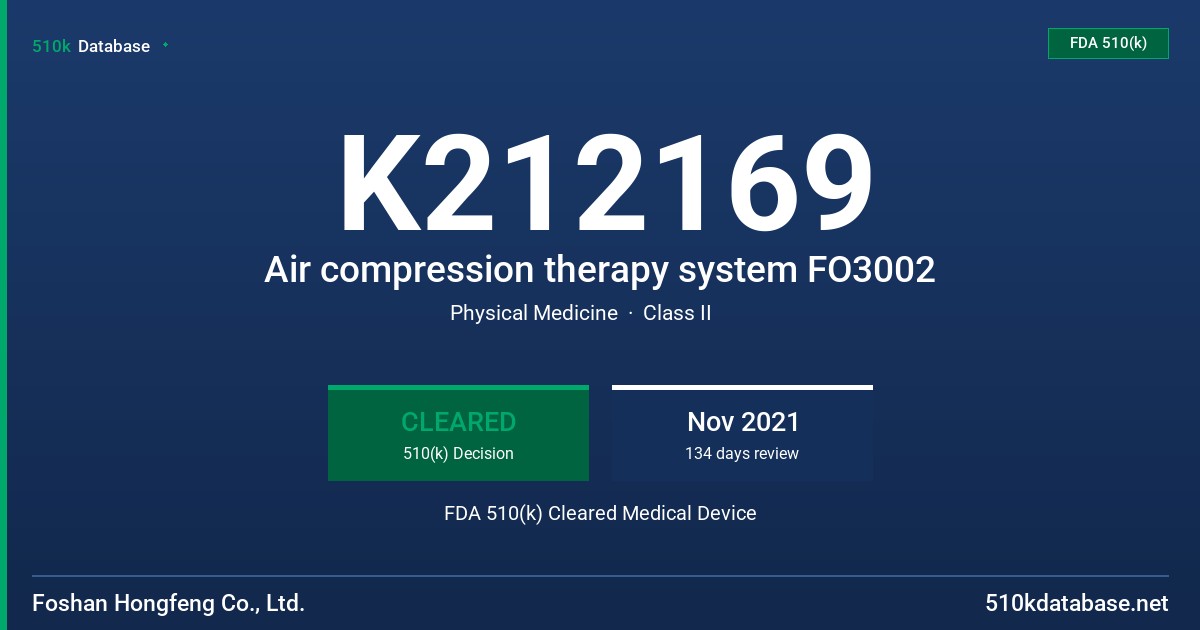 K212169 Air compression therapy system FO3002 FDA 510(k) Cleared Medical Device