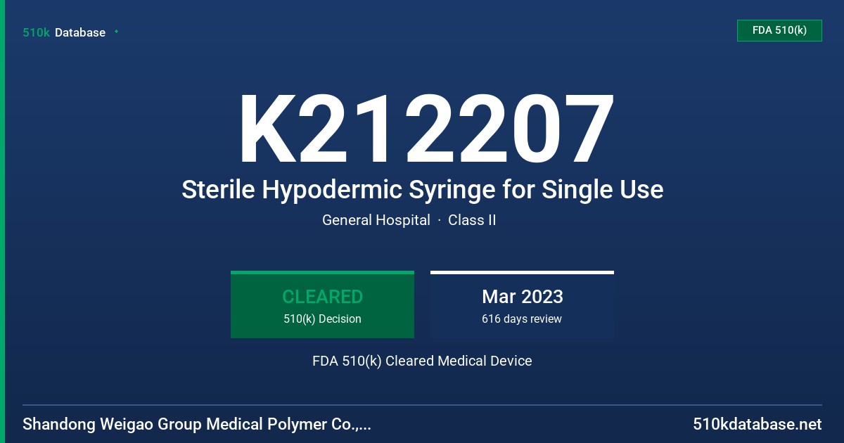 K212207 Sterile Hypodermic Syringe for Single Use FDA 510(k) Cleared Medical Device