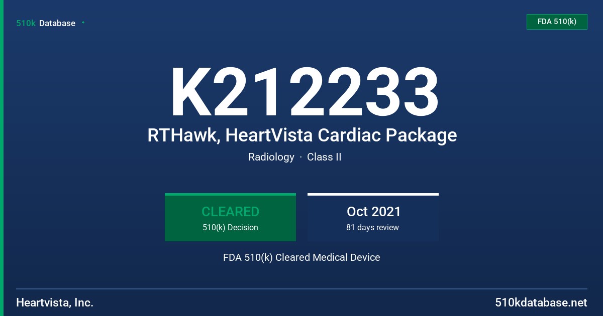 K212233 RTHawk, HeartVista Cardiac Package FDA 510(k) Cleared Medical Device