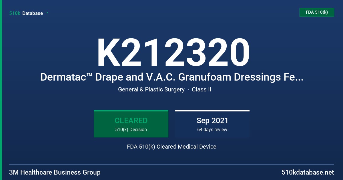 K212320 Dermatac™ Drape and V.A.C. Granufoam Dressings Featuring SensaT.R.A.C. Technology-Small (5 pack), Dermatac Drape and V.A.C. Granufoam Dressings Featuring SensaT.R.A.C. Technology -Small (10 pack), Dermatac Drape and V.A.C. Granufoam Dressings Featuring SensaT.R.A.C. Technology - Medium(5 pack), Dermatac Drape and V.A.C. Granufoam Dressings Featuring SensaT.R.A.C. Technology -Medium (10 pack), Dermatac Drape and V.A.C. Granufoam Dressings Featuring SensaT.R.A.C. Technology- Large (5 pac FDA 510(k) Cleared Medical Device