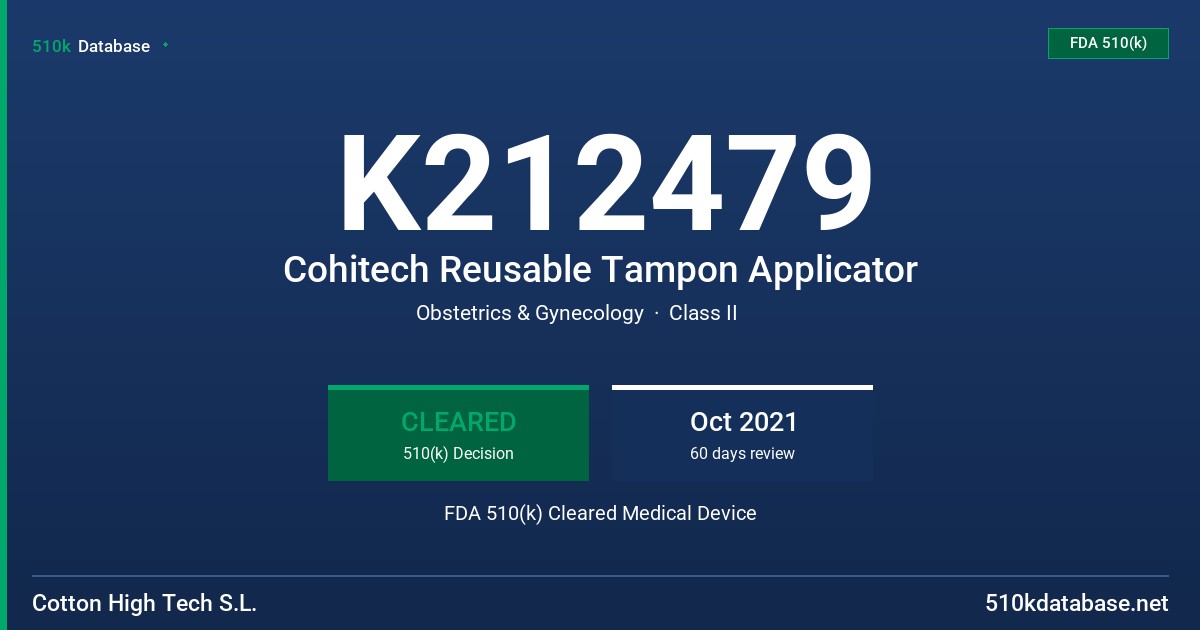 K212479 Cohitech Reusable Tampon Applicator FDA 510(k) Cleared Medical Device