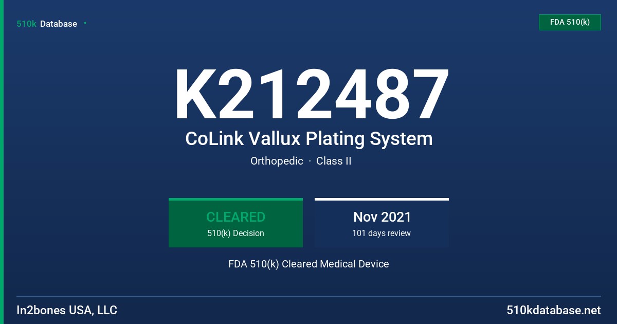 K212487 CoLink Vallux Plating System FDA 510(k) Cleared Medical Device
