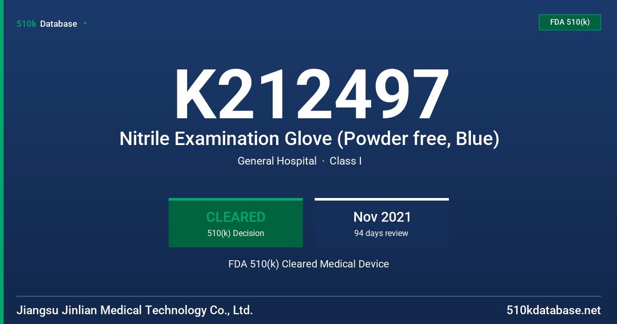 K212497 Nitrile Examination Glove (Powder free, Blue) FDA 510(k) Cleared Medical Device