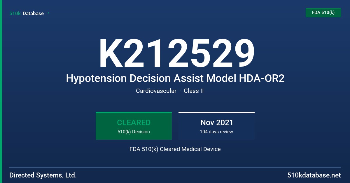 K212529 Hypotension Decision Assist Model HDA-OR2 FDA 510(k) Cleared Medical Device