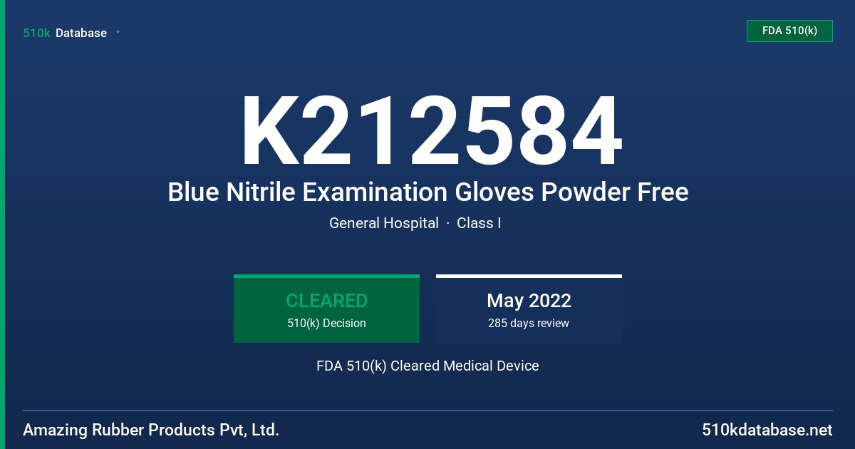 K212584 Blue Nitrile Examination Gloves Powder Free FDA 510(k) Cleared Medical Device