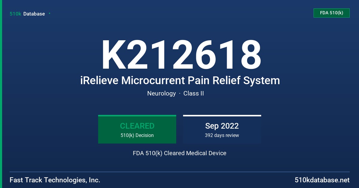 K212618 iRelieve Microcurrent Pain Relief System FDA 510(k) Cleared Medical Device