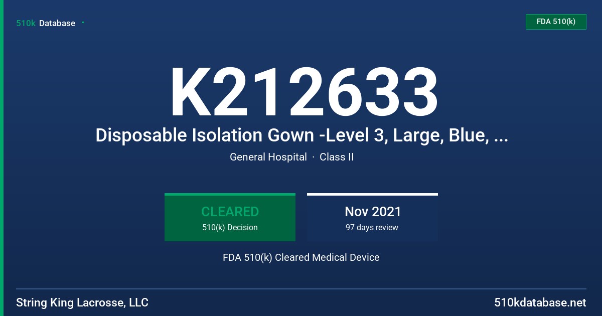 K212633 Disposable Isolation Gown -Level 3, Large, Blue, Disposable Isolation Gown - Level 3, X-Large, Blue FDA 510(k) Cleared Medical Device