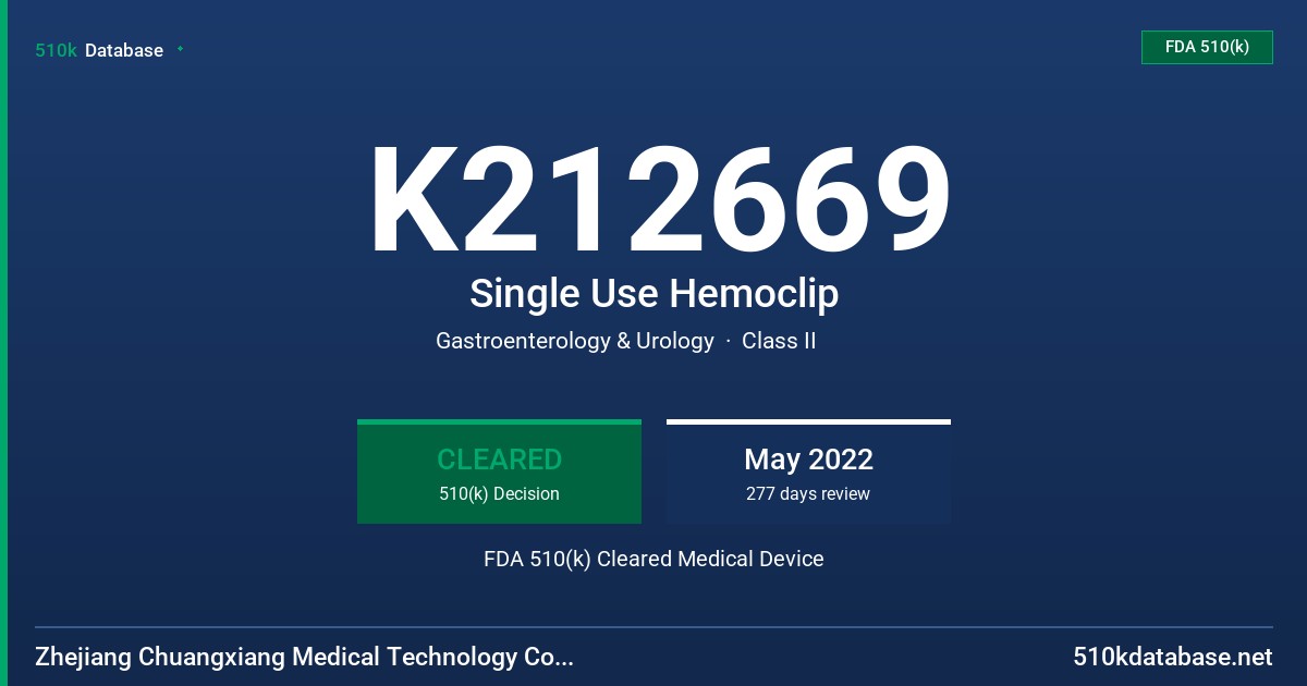 K212669 Single Use Hemoclip FDA 510(k) Cleared Medical Device