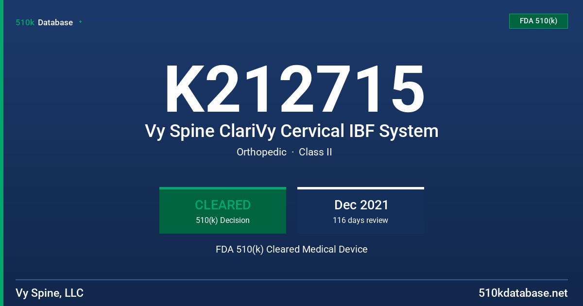 K212715 Vy Spine ClariVy Cervical IBF System FDA 510(k) Cleared Medical Device