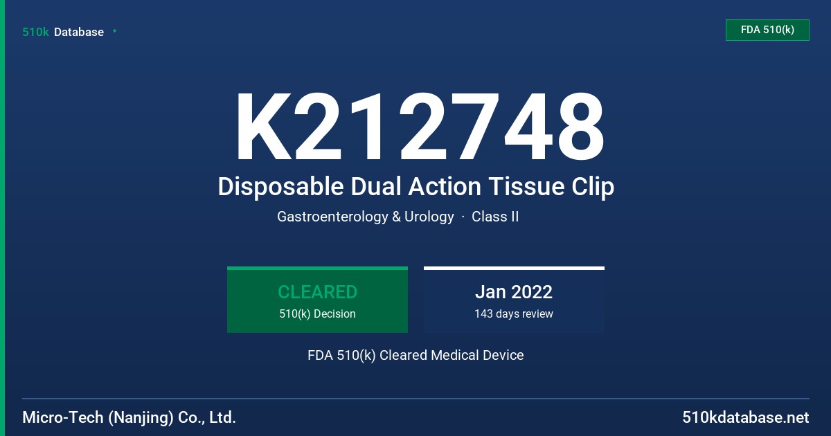 K212748 Disposable Dual Action Tissue Clip FDA 510(k) Cleared Medical Device
