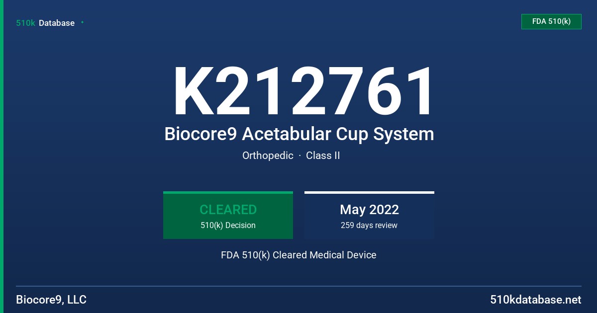 K212761 Biocore9 Acetabular Cup System FDA 510(k) Cleared Medical Device