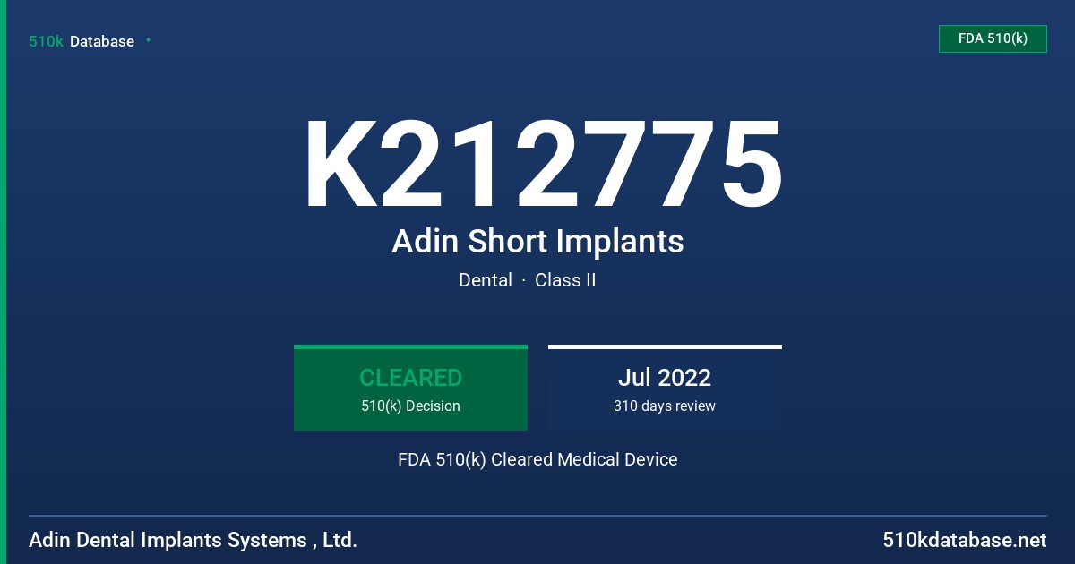 K212775 Adin Short Implants FDA 510(k) Cleared Medical Device
