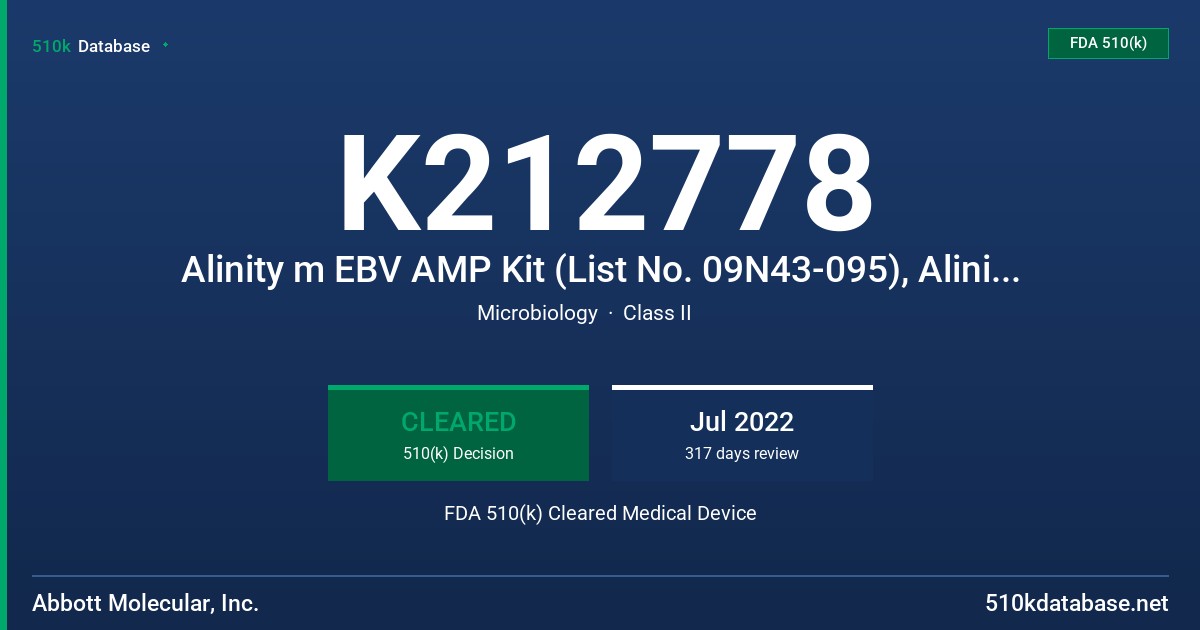 K212778 Alinity m EBV AMP Kit (List No. 09N43-095), Alinity m EBV CTRL Kit (List No. 09N43-085), Alinity m EBV CAL Kit (List No. 09N43-075) FDA 510(k) Cleared Medical Device