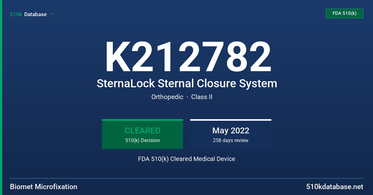 K212782 SternaLock Sternal Closure System FDA 510(k) Cleared Medical Device