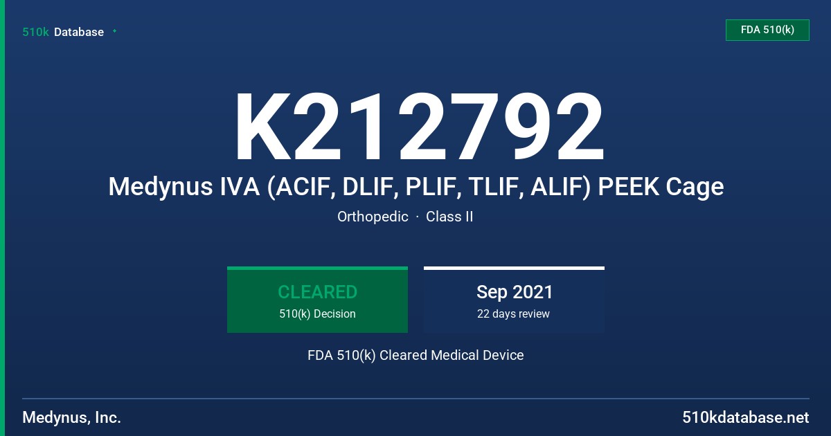 K212792 Medynus IVA (ACIF, DLIF, PLIF, TLIF, ALIF) PEEK Cage FDA 510(k) Cleared Medical Device