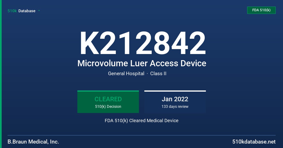 K212842 Microvolume Luer Access Device FDA 510(k) Cleared Medical Device