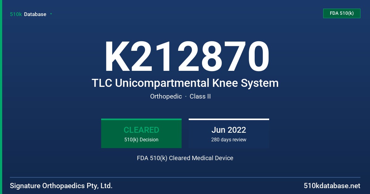 K212870 TLC Unicompartmental Knee System FDA 510(k) Cleared Medical Device
