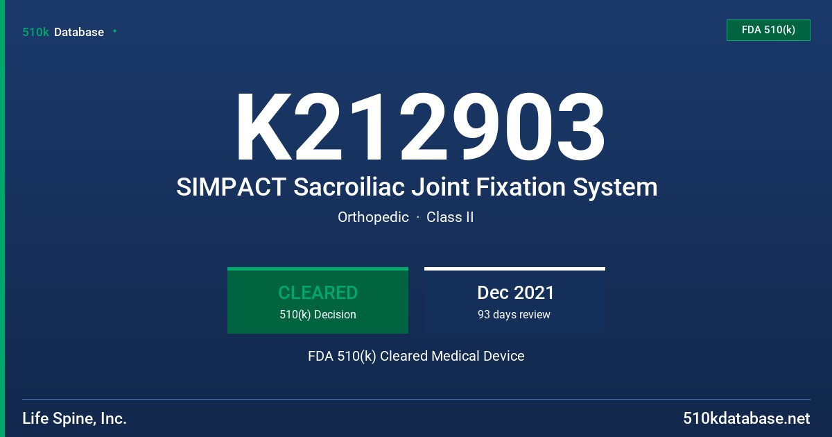 K212903 SIMPACT Sacroiliac Joint Fixation System FDA 510(k) Cleared Medical Device