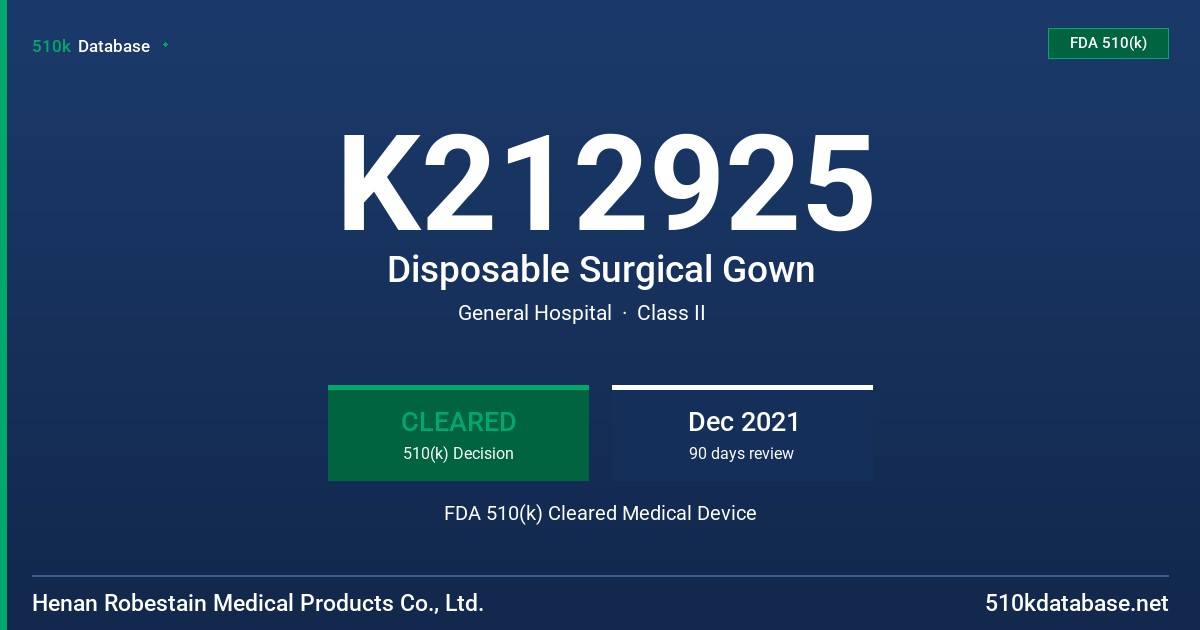 K212925 Disposable Surgical Gown FDA 510(k) Cleared Medical Device