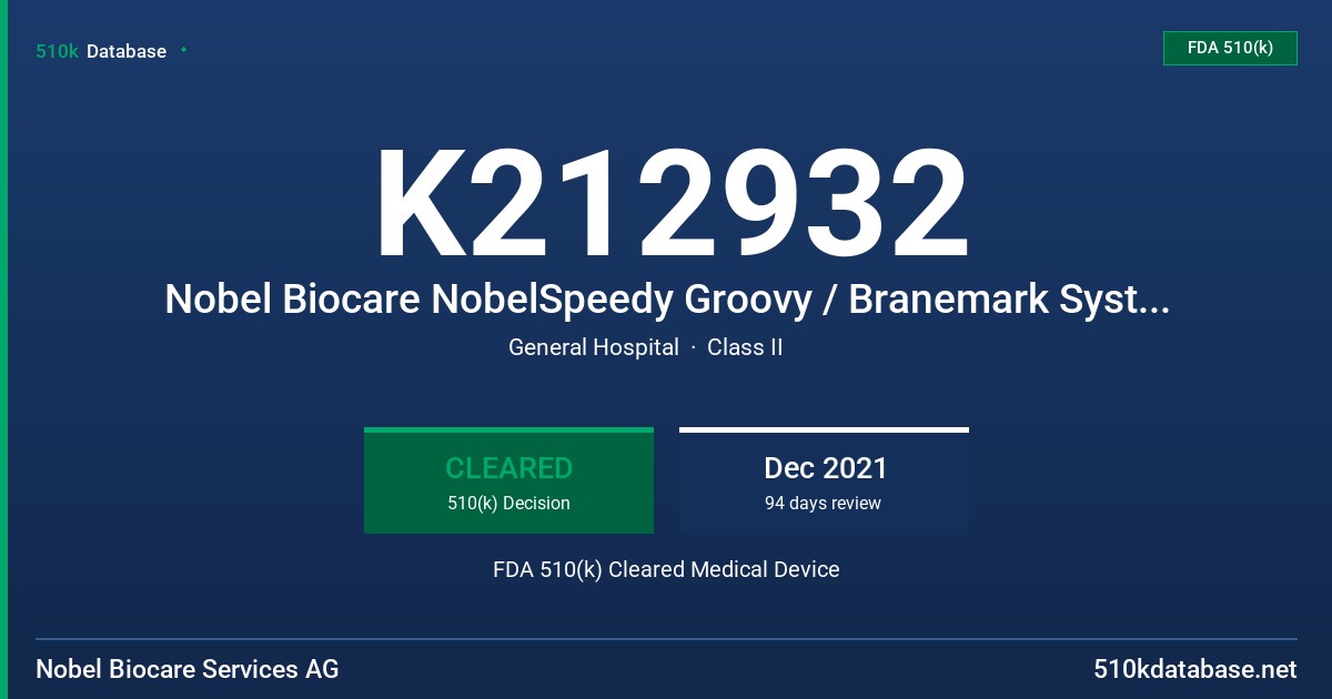 K212932 Nobel Biocare NobelSpeedy Groovy / Branemark System Mk III TiUnite / Replace Select TC PureSet Tray FDA 510(k) Cleared Medical Device