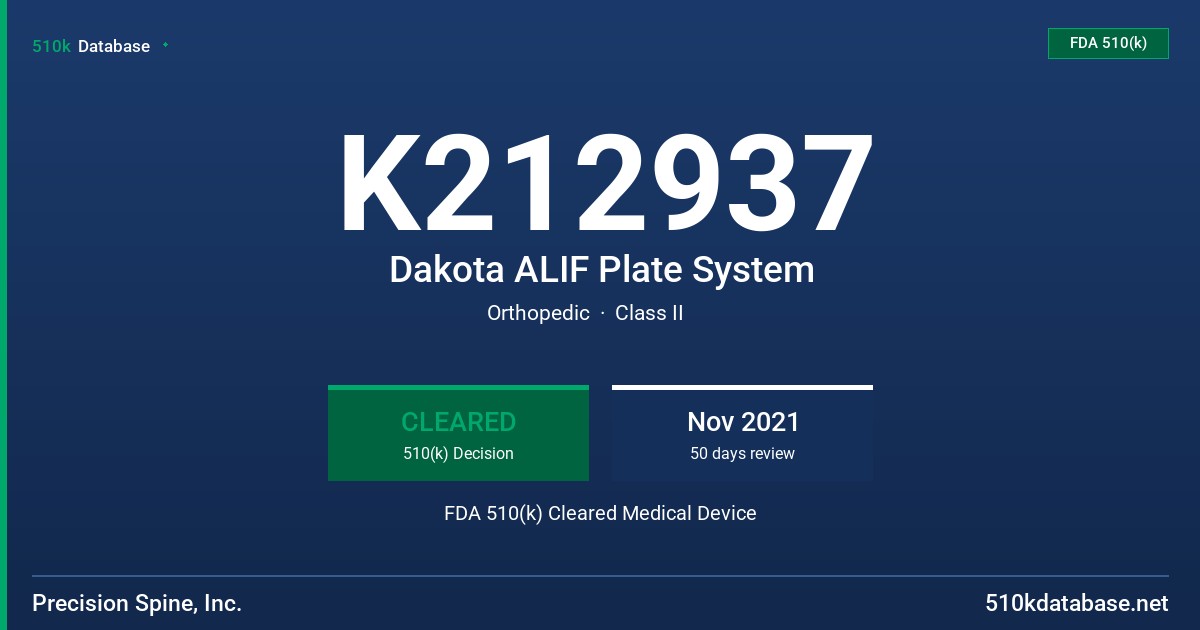 K212937 Dakota ALIF Plate System FDA 510(k) Cleared Medical Device