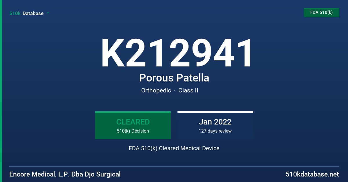 K212941 Porous Patella FDA 510(k) Cleared Medical Device