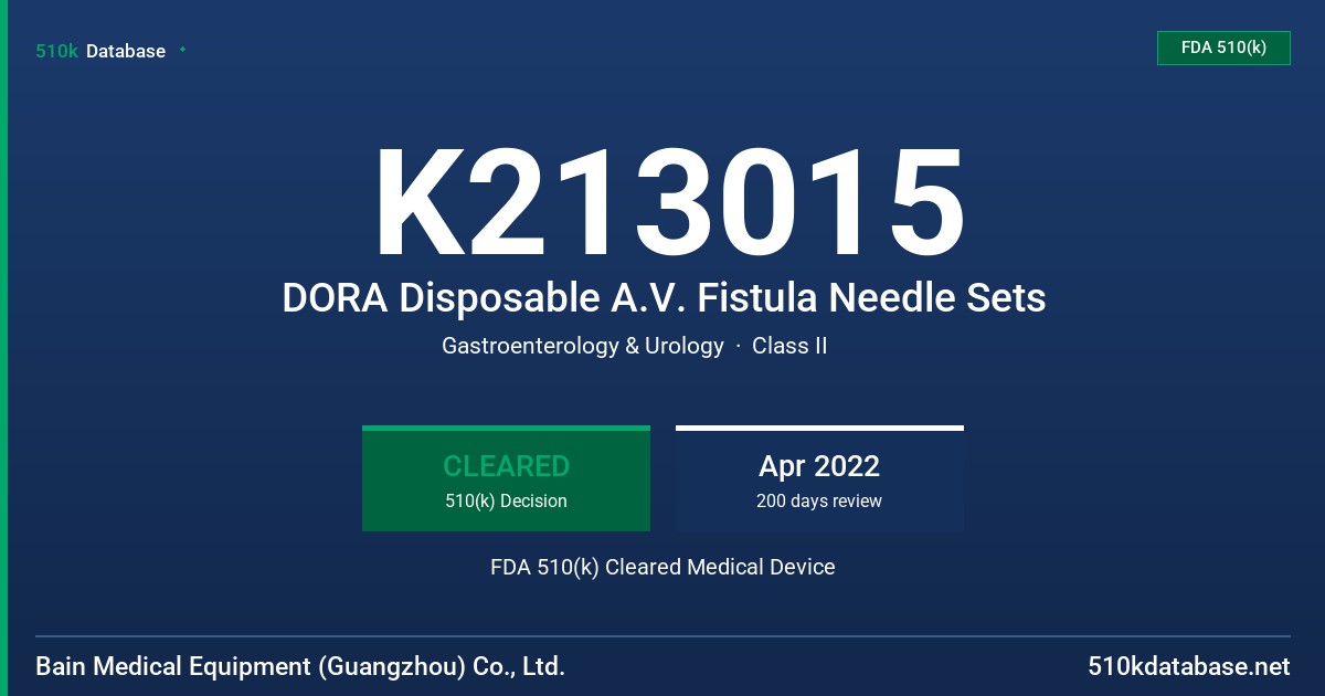K213015 DORA Disposable A.V. Fistula Needle Sets FDA 510(k) Cleared Medical Device
