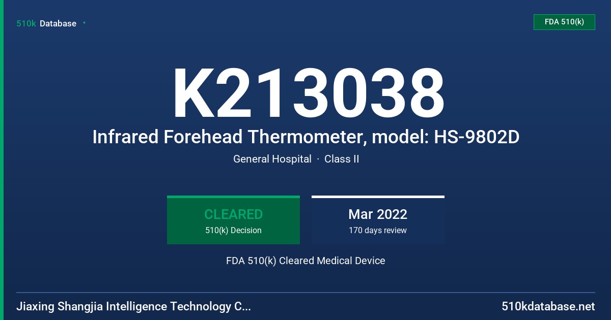 K213038 Infrared Forehead Thermometer, model: HS-9802D FDA 510(k) Cleared Medical Device