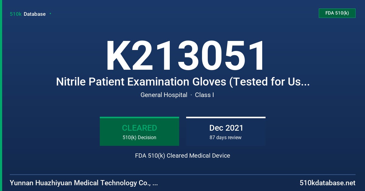 K213051 Nitrile Patient Examination Gloves (Tested for Use with Chemotherapy Drugs) FDA 510(k) Cleared Medical Device