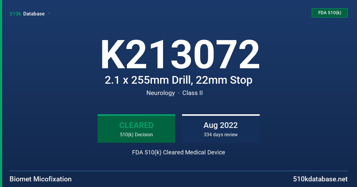 K213072 2.1 x 255mm Drill, 22mm Stop FDA 510(k) Cleared Medical Device