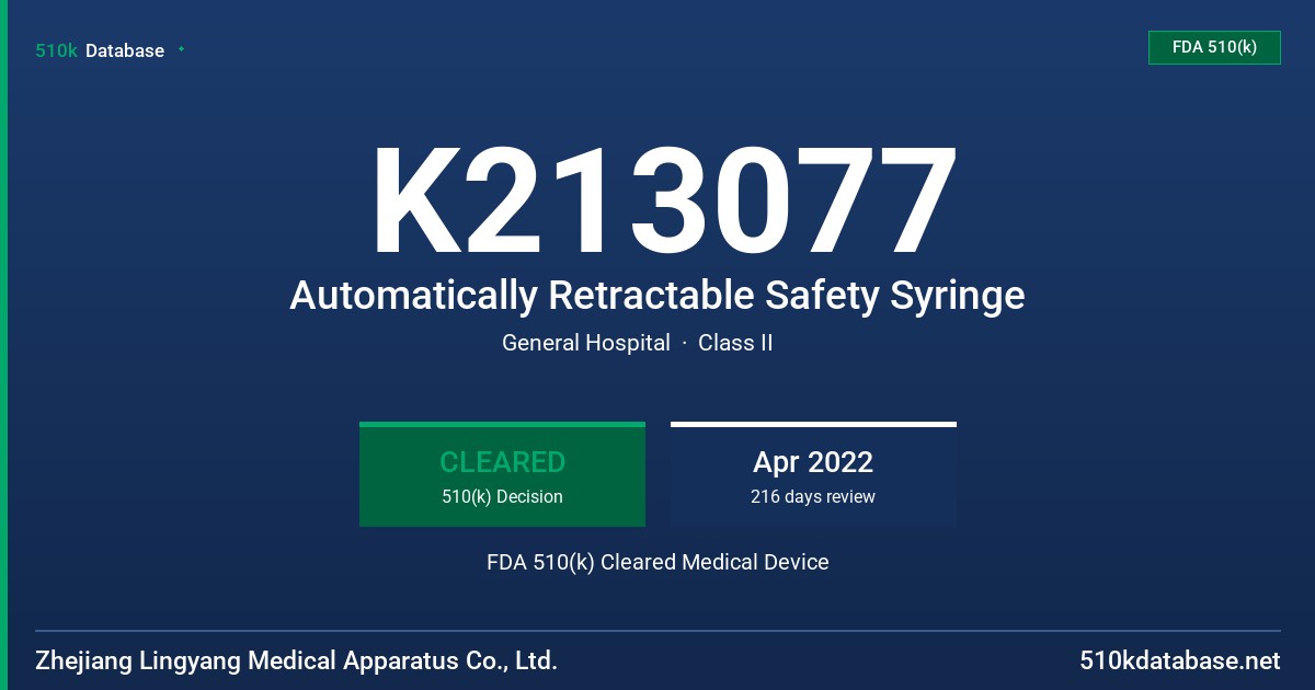 K213077 Automatically Retractable Safety Syringe FDA 510(k) Cleared Medical Device