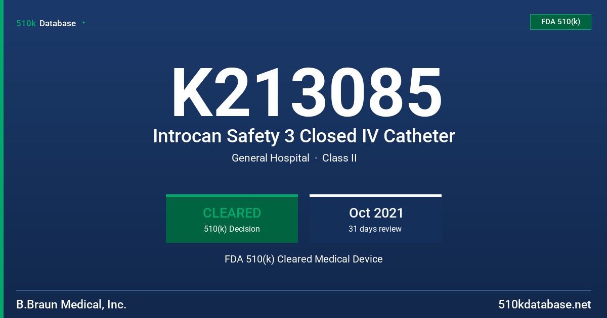 K213085 Introcan Safety 3 Closed IV Catheter FDA 510(k) Cleared Medical Device