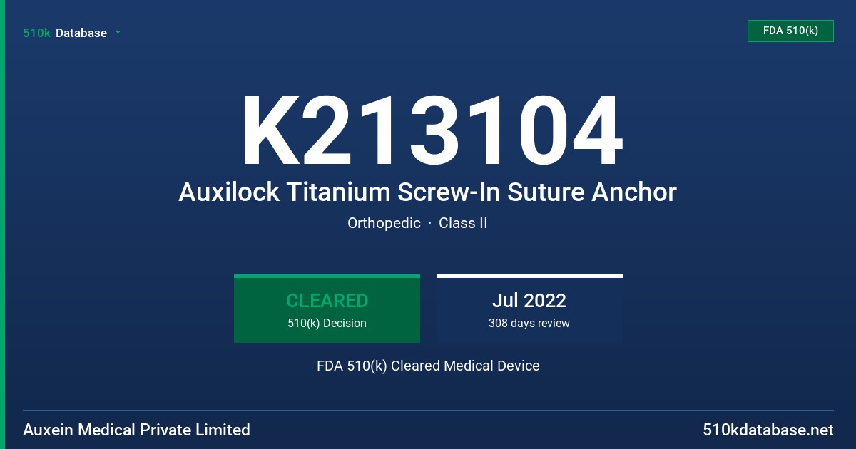 K213104 Auxilock Titanium Screw-In Suture Anchor FDA 510(k) Cleared Medical Device