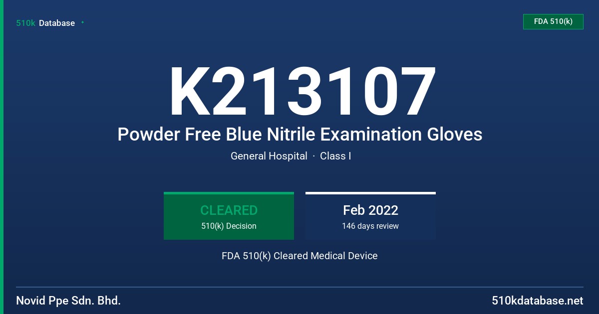 K213107 Powder Free Blue Nitrile Examination Gloves FDA 510(k) Cleared Medical Device