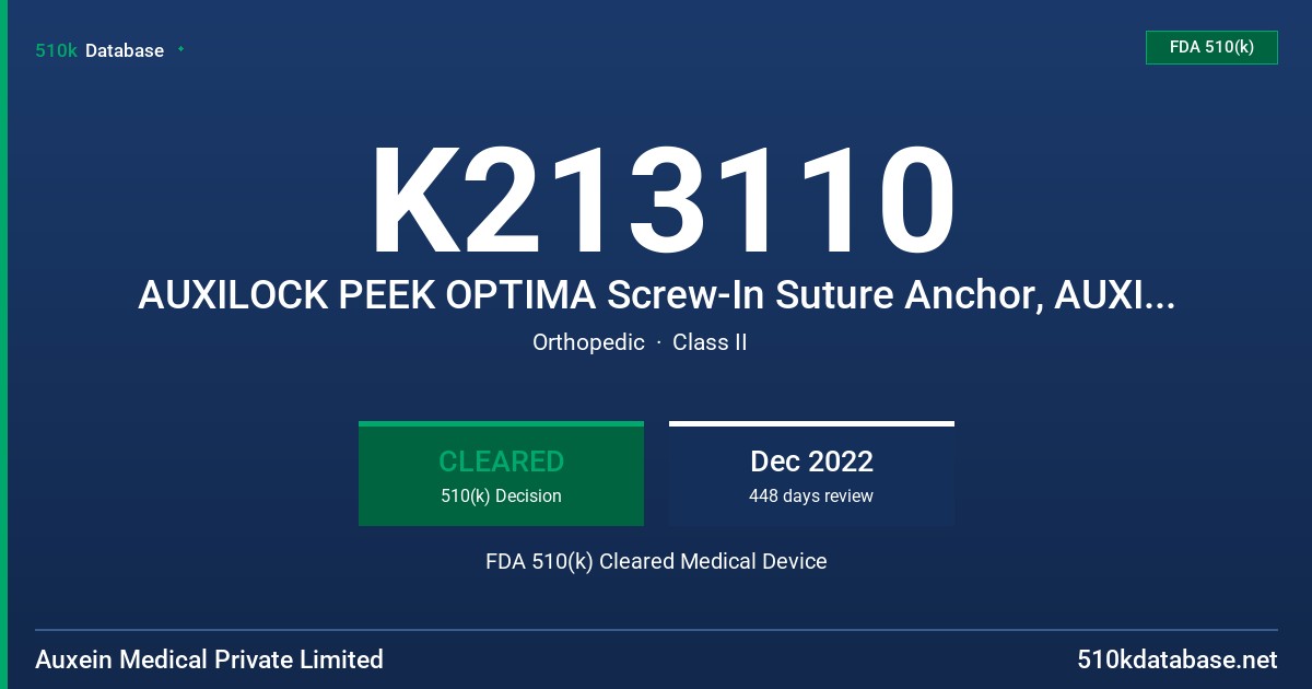 K213110 AUXILOCK PEEK OPTIMA Screw-In Suture Anchor, AUXILOCK ROTADOR PEEK OPTIMA Screw-In Anchor FDA 510(k) Cleared Medical Device