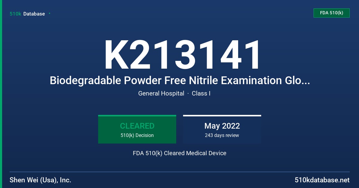 K213141 Biodegradable Powder Free Nitrile Examination Glove, Blue and Green colors, Low Dermatitis Potential, Tested for use with Chemotherapy drugs, Fentanyl Citrate, Simulated Gastric Acid and Fentanyl Citrate-Simulated Gastric Acid Solution FDA 510(k) Cleared Medical Device