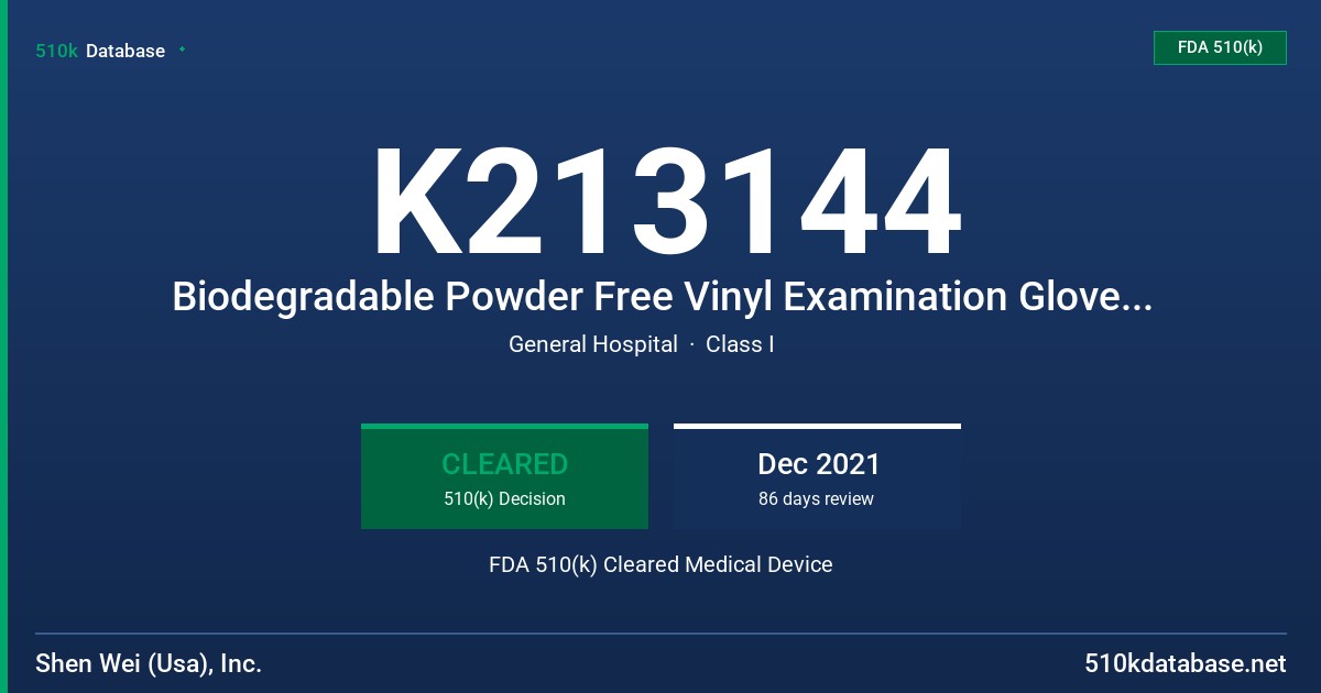 K213144 Biodegradable Powder Free Vinyl Examination Gloves Blue, Green and White Colors FDA 510(k) Cleared Medical Device