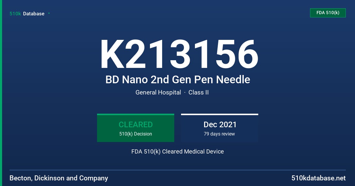 K213156 BD Nano 2nd Gen Pen Needle FDA 510(k) Cleared Medical Device