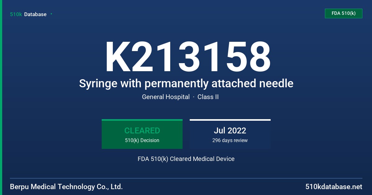 K213158 Syringe with permanently attached needle FDA 510(k) Cleared Medical Device