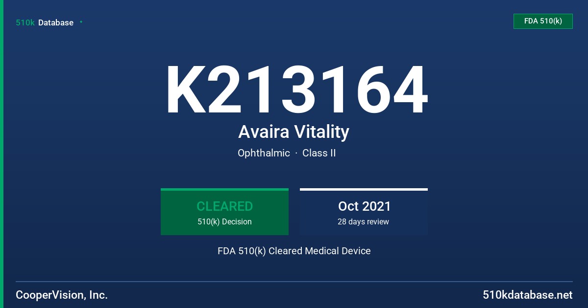 K213164 Avaira Vitality FDA 510(k) Cleared Medical Device