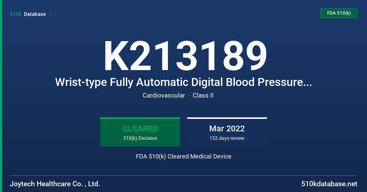 K213189 Wrist-type Fully Automatic Digital Blood Pressure Monitor FDA 510(k) Cleared Medical Device