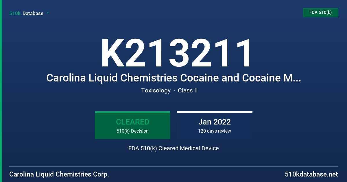 K213211 Carolina Liquid Chemistries Cocaine and Cocaine Metabolite Enzyme Immunoassay (COCM) Test System FDA 510(k) Cleared Medical Device