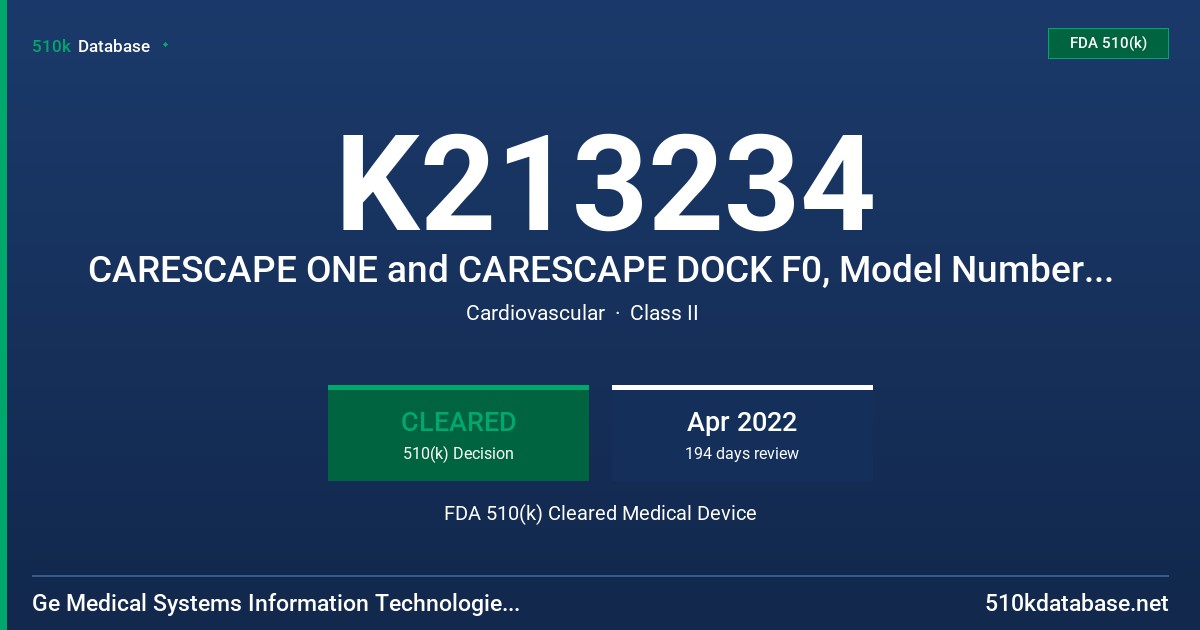 K213234 CARESCAPE ONE and CARESCAPE DOCK F0, Model Numbers MBZ323 and MFA101, CARESCAPE ECG, Model Number MKE101,CARESCAPE TEMP, Model Number MKT101, CARESCAPE PRES, Model Number MKP101, CARESCAPE SPO2, Model Numbers MKS101 and MKS201 FDA 510(k) Cleared Medical Device