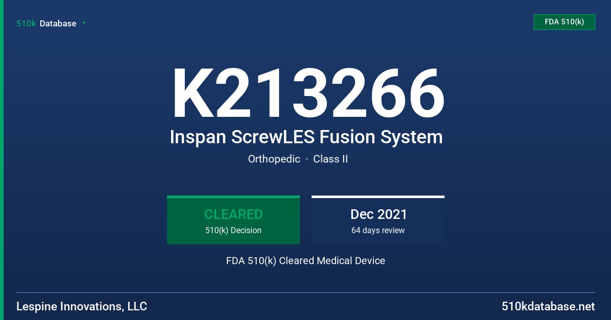 K213266 Inspan ScrewLES Fusion System FDA 510(k) Cleared Medical Device