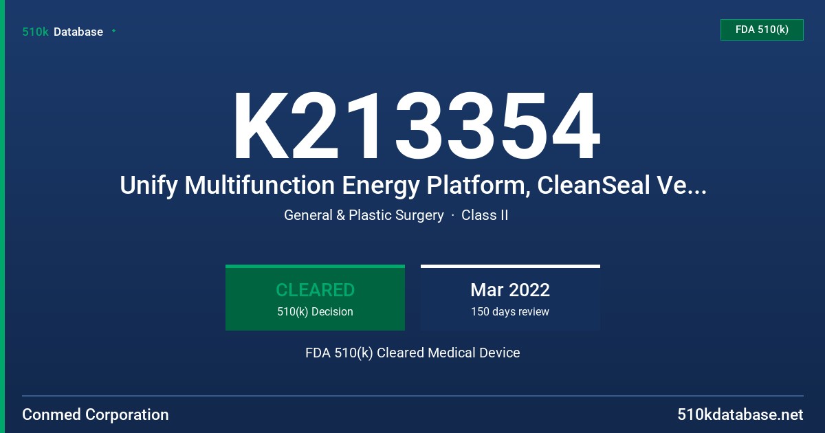 K213354 Unify Multifunction Energy Platform, CleanSeal Vessel Sealers, Unify Bipolar Resection Cables, Unify Wireless FootSwitch, Unify Cart FDA 510(k) Cleared Medical Device