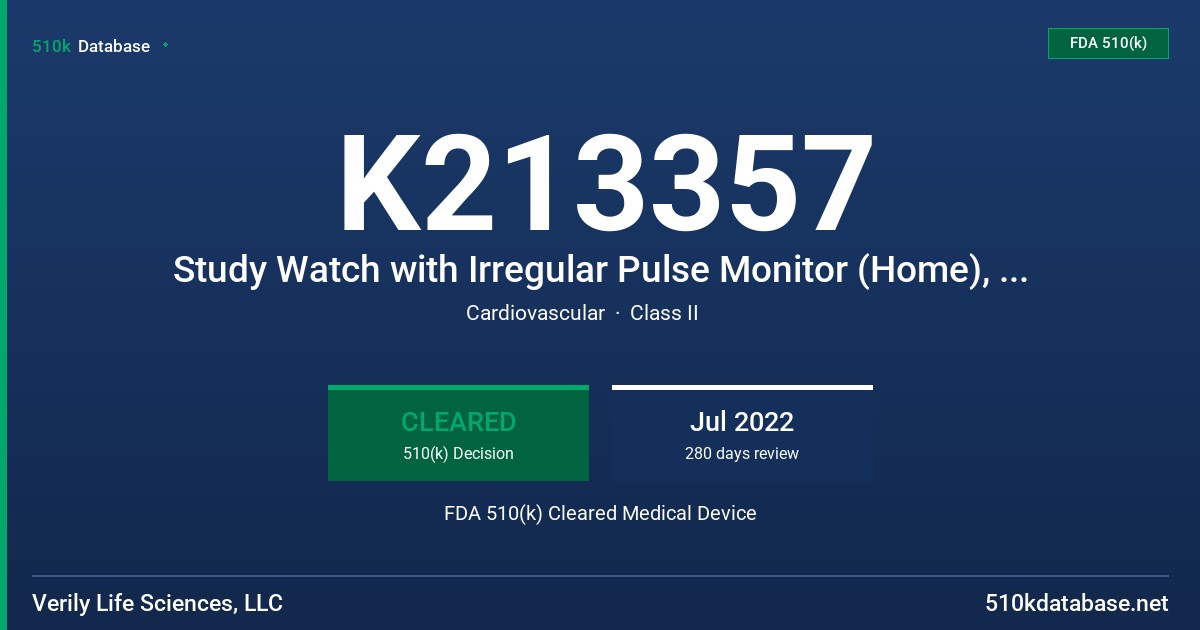 K213357 Study Watch with Irregular Pulse Monitor (Home), Study Watch with Irregular Pulse Monitor FDA 510(k) Cleared Medical Device
