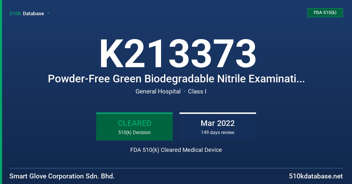 K213373 Powder-Free Green Biodegradable Nitrile Examination Glove Tested for Use with Chemotherapy Drugs and Fentanyl Citrate FDA 510(k) Cleared Medical Device