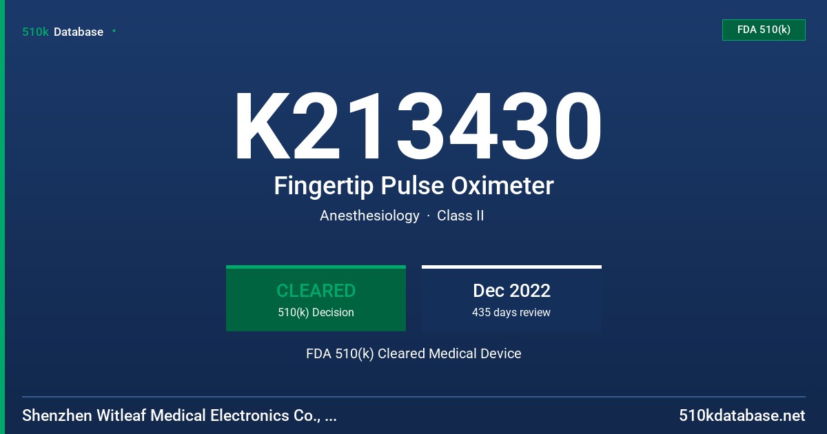 K213430 Fingertip Pulse Oximeter FDA 510(k) Cleared Medical Device
