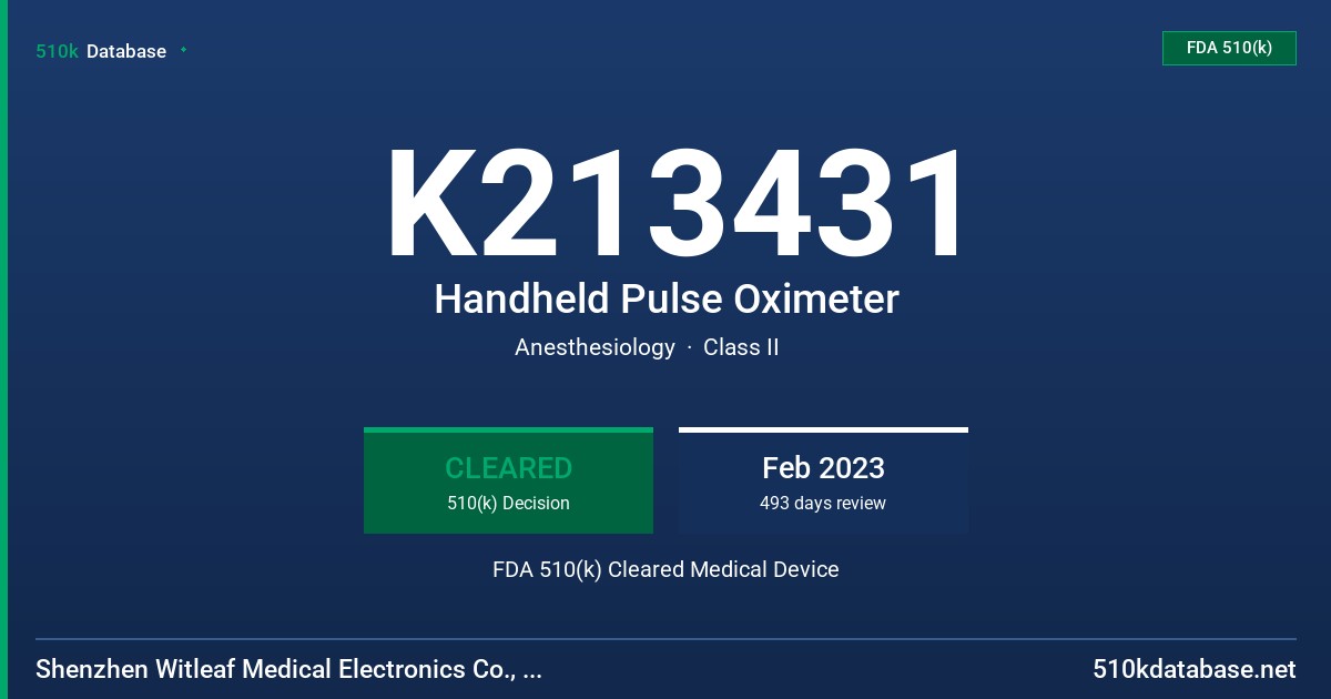 K213431 Handheld Pulse Oximeter FDA 510(k) Cleared Medical Device